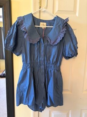 Umgee Blue Eyelet-Collar Button Front Romper
